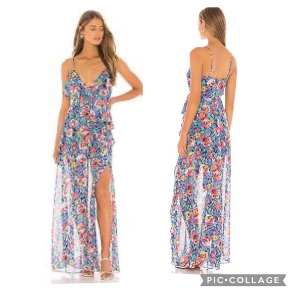 Lovers + Friends Darcy Rose Garden Blue Multi Floral Maxi Dress with Slit Size S - Picture 1 of 13